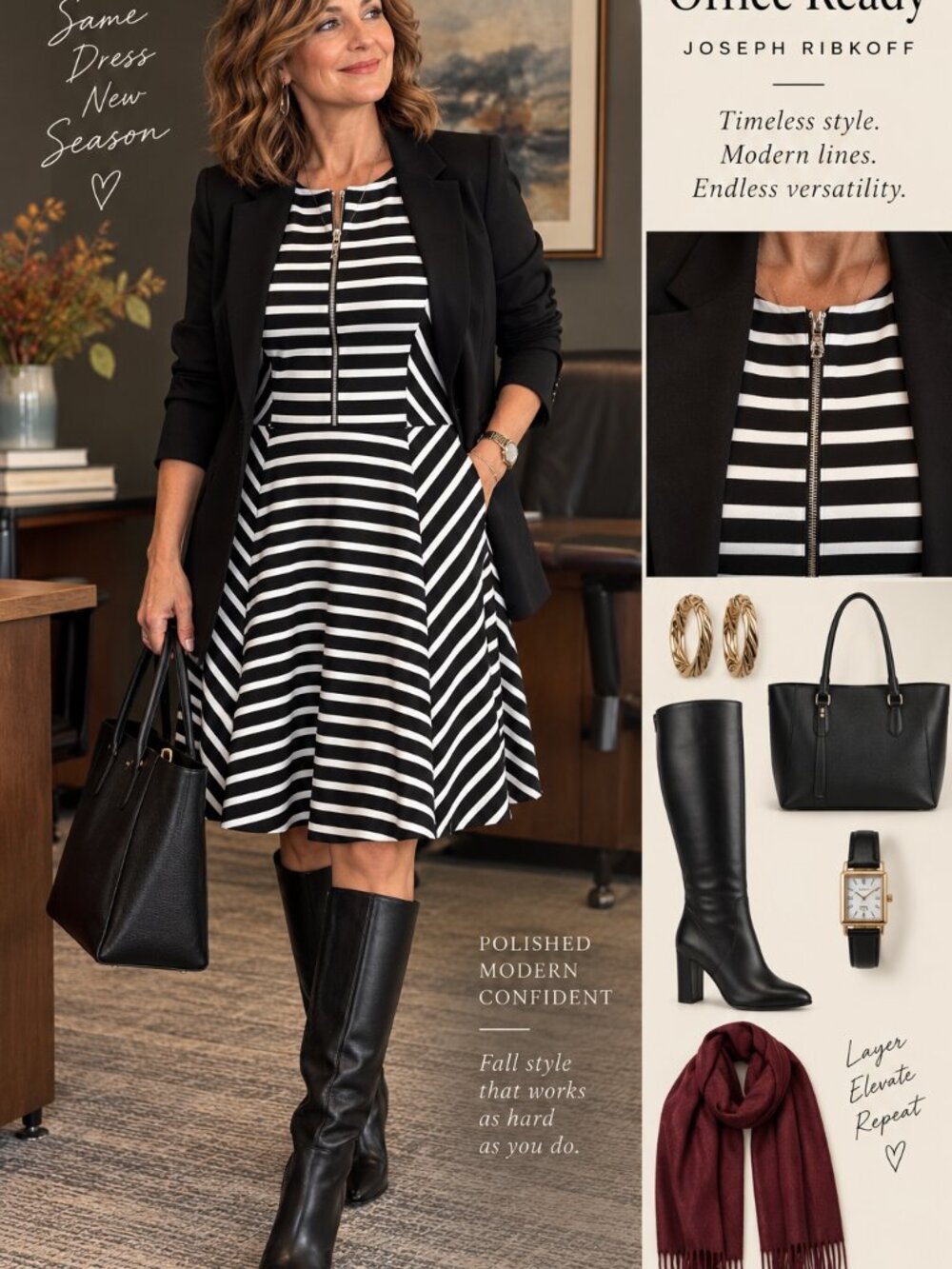 Joseph Ribkoff Sz 14 Black White Geometric Directional Stripe Zip Front Dress